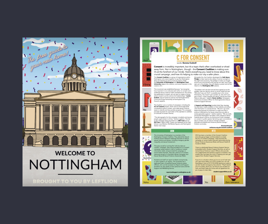 Image of the Welcome to Nottingham Guide and the article on the Consent Coalition featured inside
