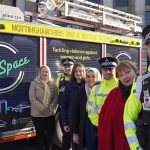 Nottingham Police and Crime Commissioner Caroline Henry, with representatives from the police, fire service,Nottingham City Council and the Consent Coalition stood in front of a fire engine wrapped in the Safe Space Pledge