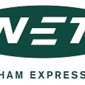 NET tram Logo (NET written in white on adark green oval background with NOTTINGHAM EXPRESS TRANSIT written in dark green underneath.