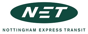 NET tram Logo (NET written in white on adark green oval background with NOTTINGHAM EXPRESS TRANSIT written in dark green underneath.