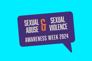 Purple Speech Bubble on a light, bright blue background. Text in white in the speech bubble reads 'sexual abuse & sexual violence awareness week 2024'