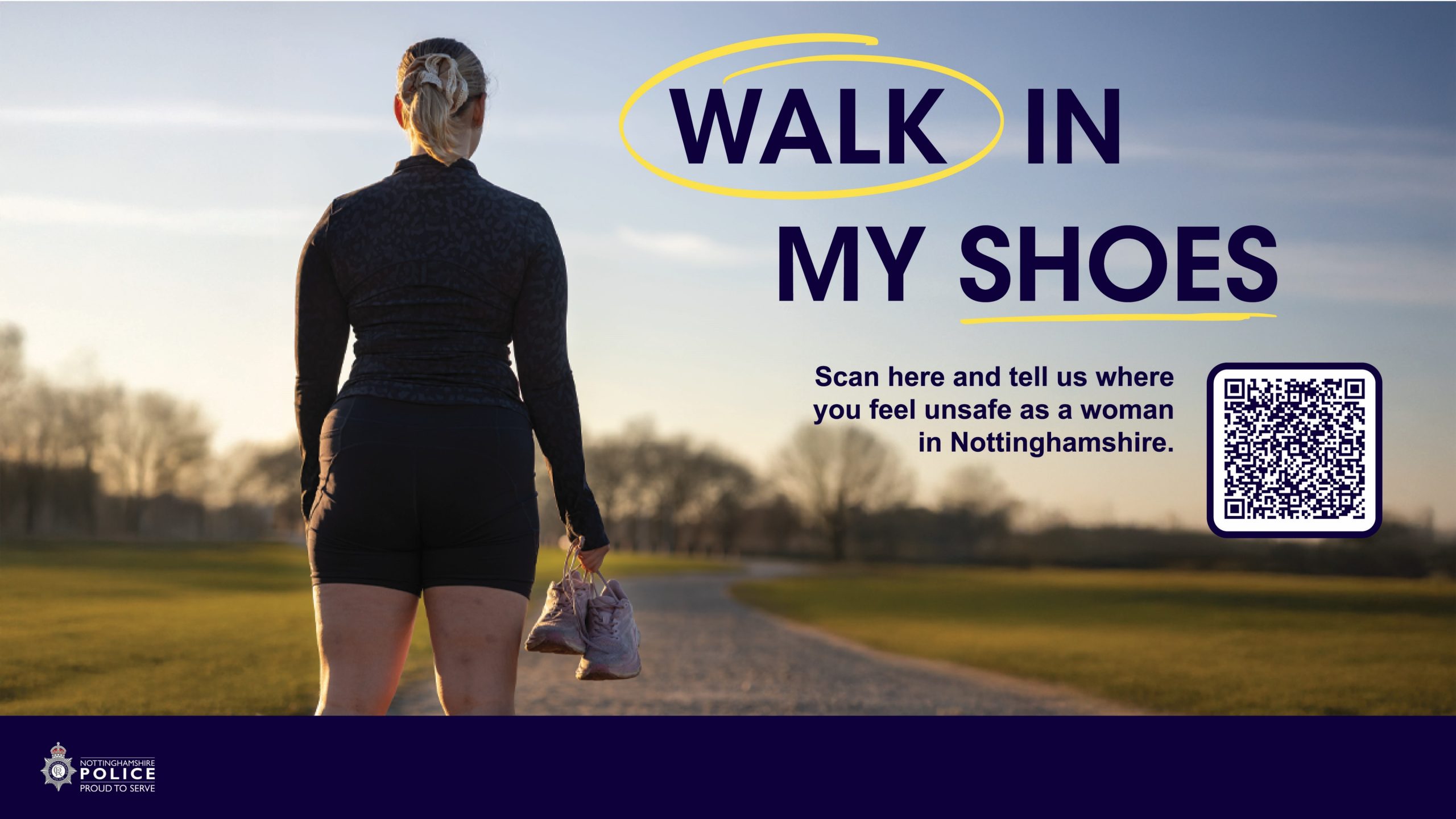 A woman walking in open park land alone, carrying her running shoes. 'Walk in My Shoes' is written in purple against the day-time sky.
