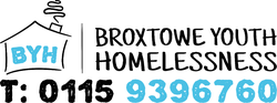 Broxtowe Youth Homeslessness logo, with a house to the left and their telephone number underneath - 0115 9396760
