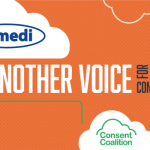 Welcoming sign against an orange background. 'Remedi another voice for consent' written. Remedi logo and Consent Coalition logos are both in white clouds.