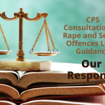 Picture of legal scales resting on books. Text reads 'CPS consultation on rape and sexual offences legal guidance. Our Response'