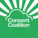 Consent Coalition written in a cloud, with a sunrise behind it