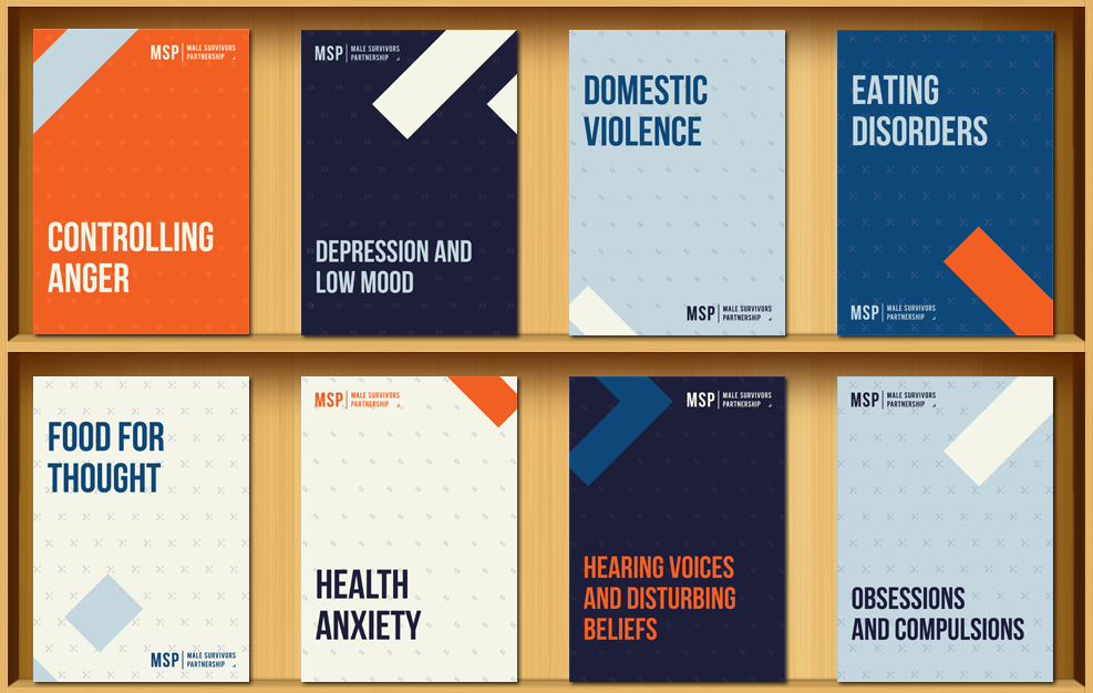 Picture of Male Survivors Partnership leaflets on a bookshelf - click image to go to leaflets