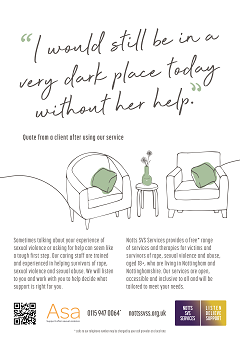 Poster - I would still be in a very dark place today without her help - with an image of two comfy chairs in a counselling-type setting - click on picture to download poster