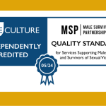 Male Quality Standards Logo - In dark blue and white to look like a scroll and rosette. The scroll reads 'Lime Culture Independently Accredited - MSP Male Survivor's Partnership Quality Standards for Services Supporting Male Victims and Survivors of Sexual Violence.' In the Rosette is the date 05/24.