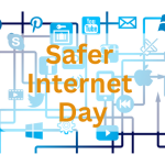 Lots of icons associated with the internet, apps and online spaces in blue. In front of this are the words 'Safer Internet Day' written in orange