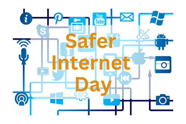 Lots of icons associated with the internet, apps and online spaces in blue. In front of this are the words 'Safer Internet Day' written in orange