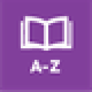 Symbol of an opened book with a-z written underneath. The symbol is in white against a purple background.