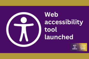 Accessibility symbol (a person in a circle) in white on a purple background with a gold border. White text reads 'Web accessibility tool launched'