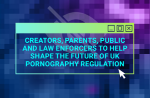 A rectangle filled with pixellated background in blues, pinks and purples. Over this is the symbol of an eye with a diagonal line through it. Above this is a textbox - similar to a computer pop up. The text in the box (which is in blue) reads: creators, parents, public and law enforcers to help shape the future of UK pornography regulation.