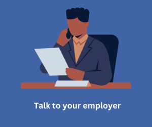 Image of a brown man in a dark blue business suit sat at a desk reading a paper while on the phone, against a blue background. White text below reads 'Talk to you employer'