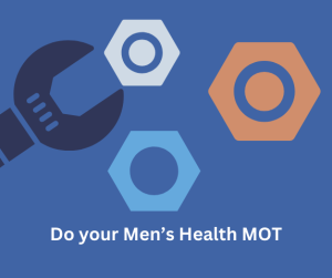 Three different metal nuts in the colours silver, gold and light blue against a blue background. Coming in the from the left is a wrench in dark blue reaching for one of the nut. White text at bottom reads 'Do your Men's Health MOT'
