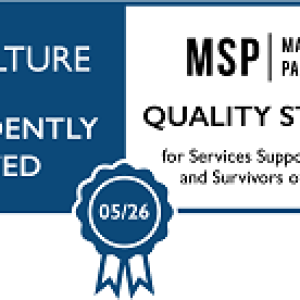 Male Quality Standards Logo - In dark blue and white to look like a scroll and rosette. The scroll reads 'Lime Culture Independently Accredited - MSP Male Survivor's Partnership Quality Standards for Services Supporting Male Victims and Survivors of Sexual Violence.' In the Rosette is the date 05/26.