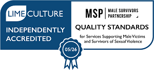 Male Quality Standards Logo - In dark blue and white to look like a scroll and rosette. The scroll reads 'Lime Culture Independently Accredited - MSP Male Survivor's Partnership Quality Standards for Services Supporting Male Victims and Survivors of Sexual Violence.' In the Rosette is the date 05/26.