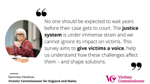 Photo of the Victim's Commissioner in an oval, moving her hand as though she is speaking. Next to this is a quote that says 'No one should be expected to wait years before their case gets to court. The Justice System is under immense strain and we cannot ignore its impact on victims. This survey aims to give victims a voice, help us understand how these challenges affect them - and shape solutions. The Victims' Commissioner logo (in pink) is in the bottom right hand corner.