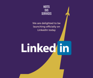 A picture of a rocket taking off in gold against a purple background. White text reads 'we are delighted to be launching officially on LinkedIn today