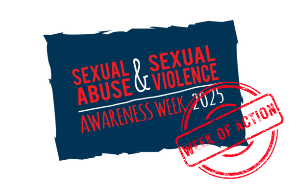 Sexual Abuse and Sexual Violence Awareness Week 2025 written in white and red against a jagged navy rectangle. At the bottom right, stamped in red is 'Week of Action'