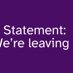 'Statement: We're leaving X' in white against a purple background