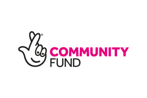 National Lottery Community Fund Logo. Image of crossed fingers made to look like a smiling face, with the Community (written in pink) and fund (in black) next to it on a white background.
