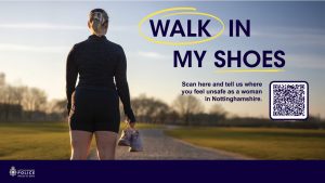 walk-in-my-shoes A picture of a woman in an open park area, carrying a pair of trainers, in the daytime. 'Walk in My Shoes' is written in dark purple text against the sky.