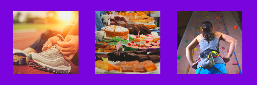 A purple box containing photos of fundraising suggestions - a person putting on their trainers, a cake sale, and a person about to go indoor climbing