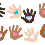 Image of different colours hands each holding hearts that are blue, pink, white or all three.