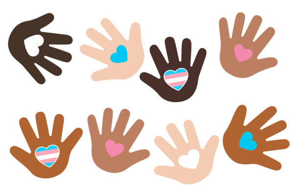 Image of different colours hands each holding hearts that are blue, pink, white or all three.