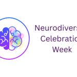 An image of a brain. The left segment is standard, but the right side is bursting with colour. To the right of this is 'Neurodiversity Celebration Week' in purple
