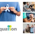 Photo grid showing images of men supporting men, intergenerational male family, man holding a blue ribbon and Equation's logo