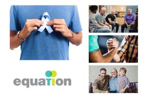 Photo grid showing images of men supporting men, intergenerational male family, man holding a blue ribbon and Equation's logo