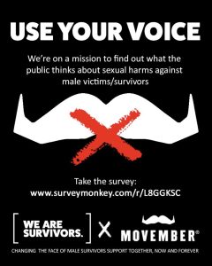 USE YOUR VOICE 'we're on a mission to find out what the public things about sexual harms against male victims/survivors. A white moustache with a red cross against it. A link to the survey. We are survivors and Movember logos underneath. Further text reads 'Changing the face of male survivors support together, now and forever' All text is in white, against a black background.