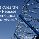A photo of barbed wire, edging a prison, against the blue sky. Against the sky in white text is 'What does the Early Release Scheme mean for survivors?'
