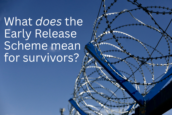 A photo of barbed wire, edging a prison, against the blue sky. Against the sky in white text is 'What does the Early Release Scheme mean for survivors?'